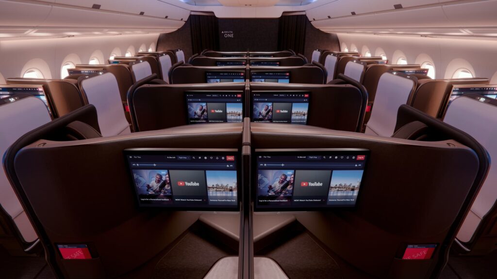 108290073 1775854656116 A350 1000 Delta One Suite D1 cabin facing forward highlighting screens