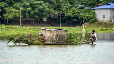 people wade through a flood affected area