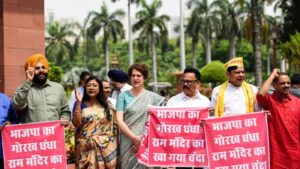 opposition mps gurjeet singh aujla priyanka gandhi vadra and others protest the alleged misappropriation of ram temple donations at the parliament complex in new delhi monday