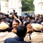 police personnel push back bharat rashtra samithi brs leaders during a scuffle while detaining them during a protest outside the telangana assembly in hyderabad