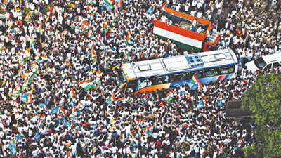 thousands gathered for the india bloc march from barakhamba road to supreme court on monday bjp said rahul gandhi had turned to street protests to vent his frustration at rejection by voters